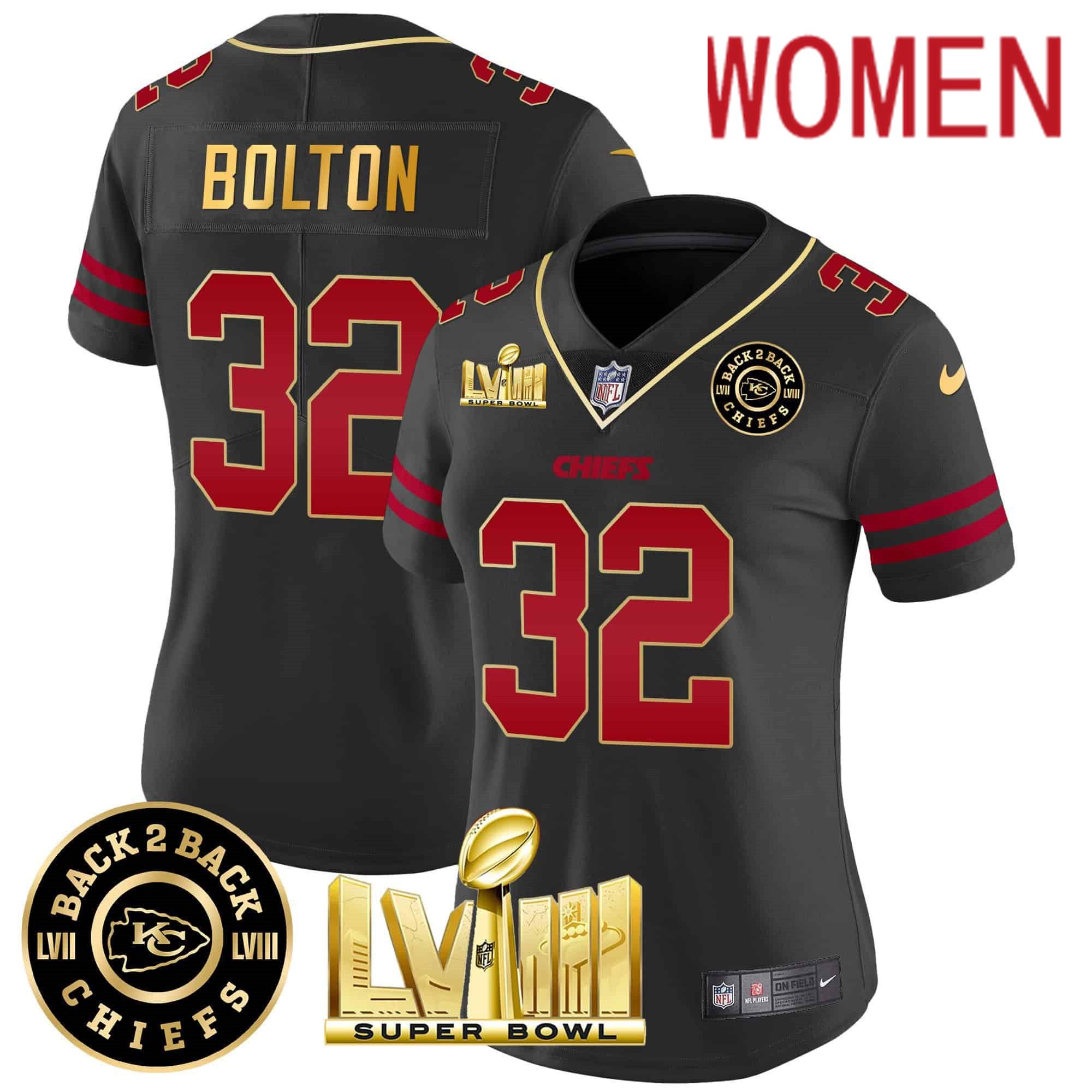 Women Kansas City Chiefs #32 Bolton Black 2024 Nike Super Bowl LVIII & Back-2-Back Patch Vapor NFL Jersey style 1->women nfl jersey->Women Jersey